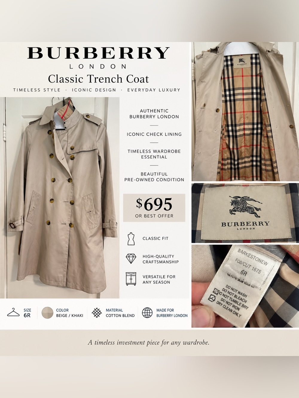 Burberry Beige Khaki Trench Coat with Iconic Check Lining